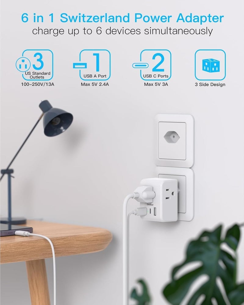 One Beat Switzerland Power Travel Plug Adapter, Type J Power Adapter with 2 Outlets 3 USB Ports(2 USB C) for US to Swiss Switzerland Liechtenstein Rwanda - Image 2